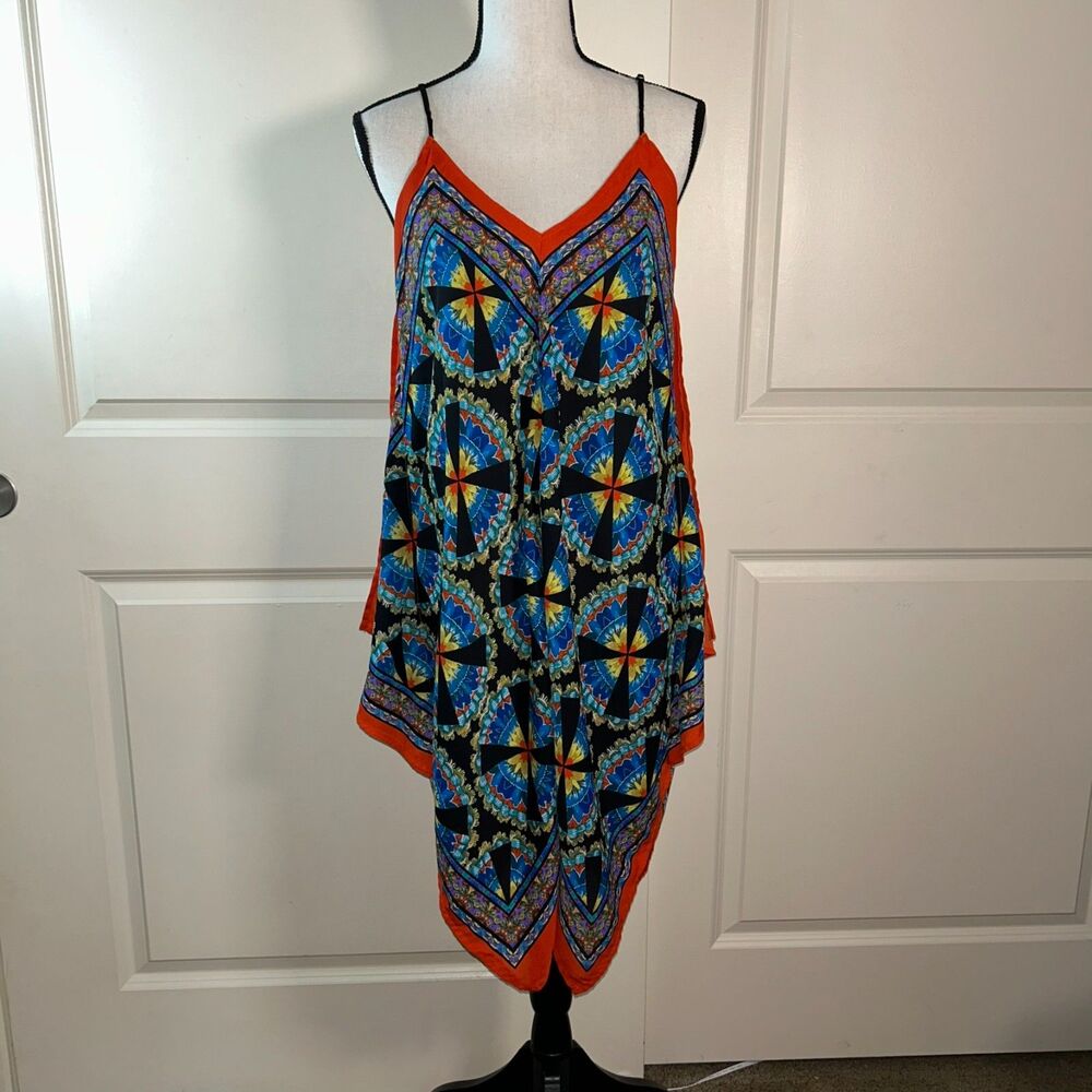 🟢 Lily White M Boho Handkerchief Hem Dress Vivid Mosaic Print Adjustable Straps
